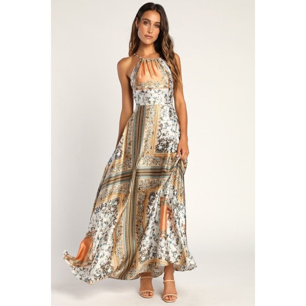 Lulus Divinely Inspired White Scarf Print Satin Backless Maxi Dress - Size L